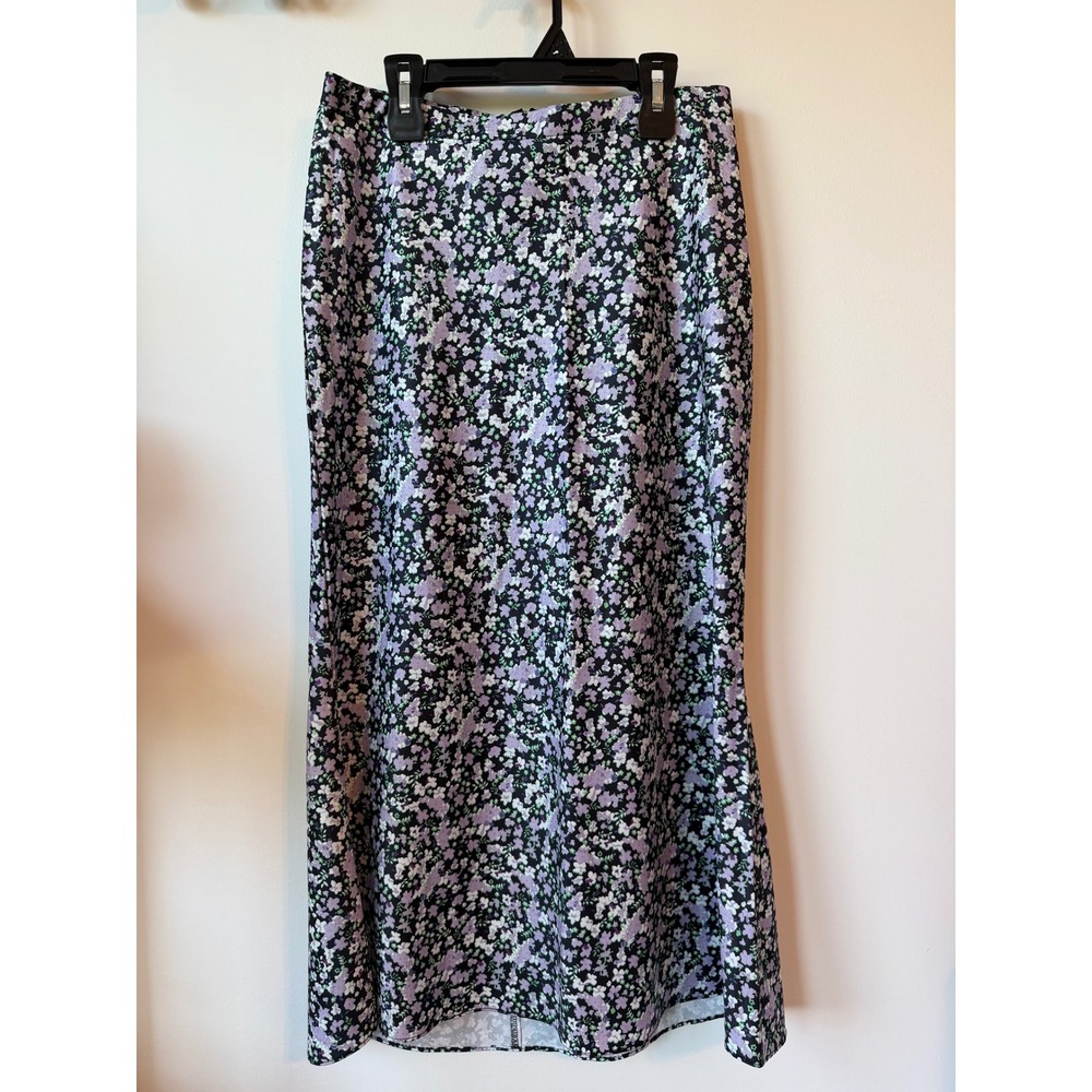 VICI Floral Midi Skirt Purple Black Ditsy Flower Satin High Waist Medium